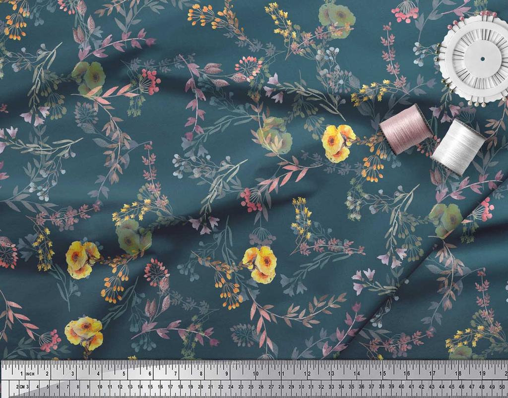 Soimoi Modrá Japonská Krepová Saténová Látka Listový Květinový Vzor Látka na metr 42 Palců