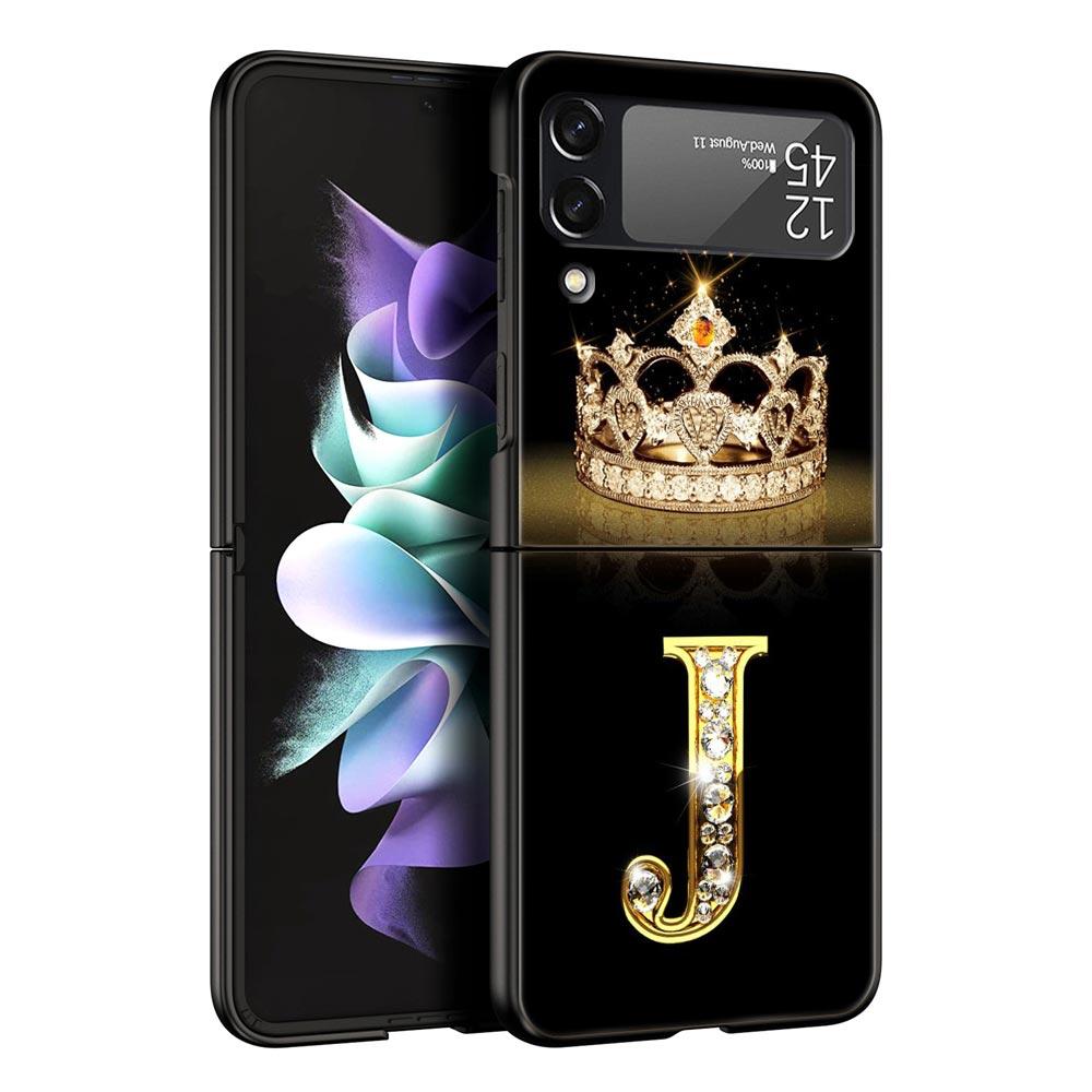 Custodia per Telefono per Samsung Galaxy Z Flip 3 4 5 Pieghevole Guscio Cellulare Duro PC Nero Capa Cover Protettiva Moda Corona di Diamanti Lettera A