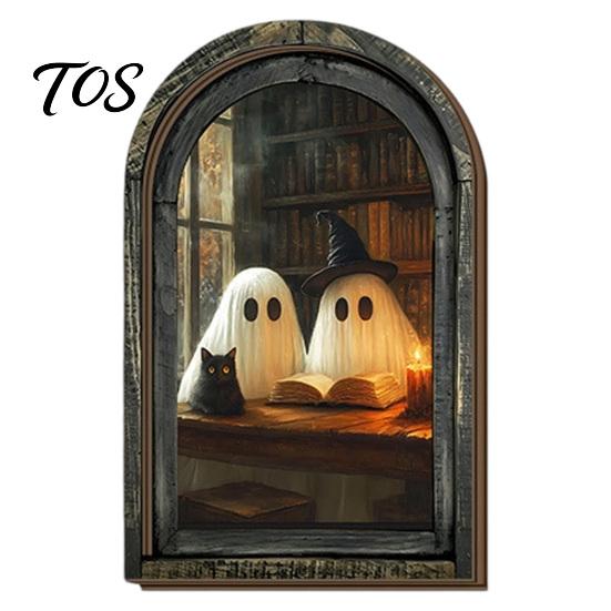 Solid Wood Picture Frame Halloween Vintage Arch Wooden Sign, Gothic Spooky Ghost Wall Hanging Decor Dark Academia with Bracket, Rustic Aesthetic Home