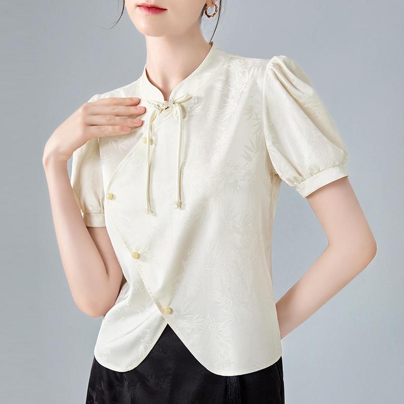 Dámská žakárová saténová halenka se stojáčkem Aktualizovaný dámský klasický styl Šifonová halenka s nabíranými rukávy Design Čínský styl Horní díl