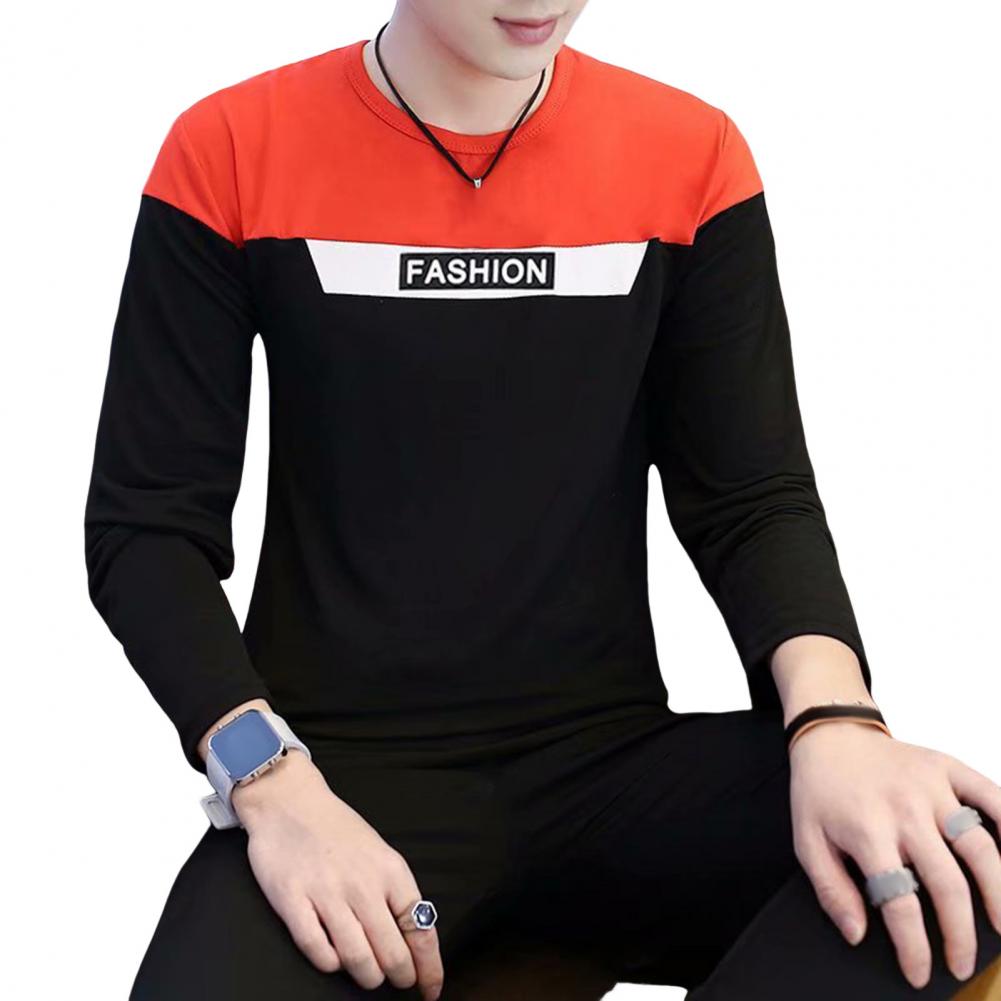 Fall Spring Men Top Patchwork Color Matching Letter Pattern Round Neck Long Sleeves Pullover Daily Wear Casual T-shirt
