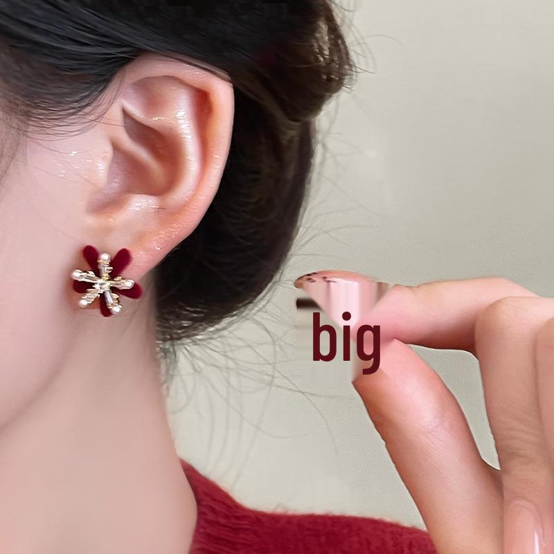 2025 New Year Red Velvet Pearl Earrings: Retro Hong Kong Style Whitening Studs for Women