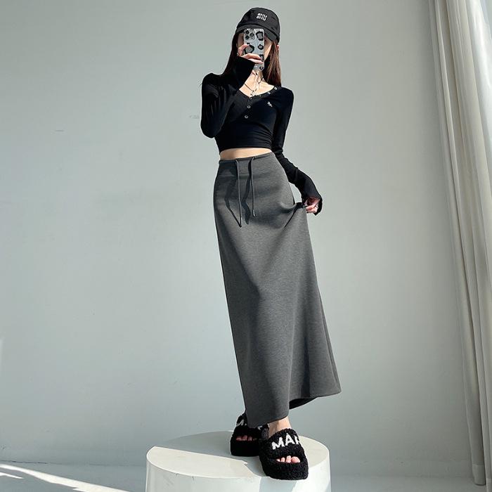 Women's Gray High Waist A-line Midi Skirt - Autumn Sporty Style with Straight Slit and Draping