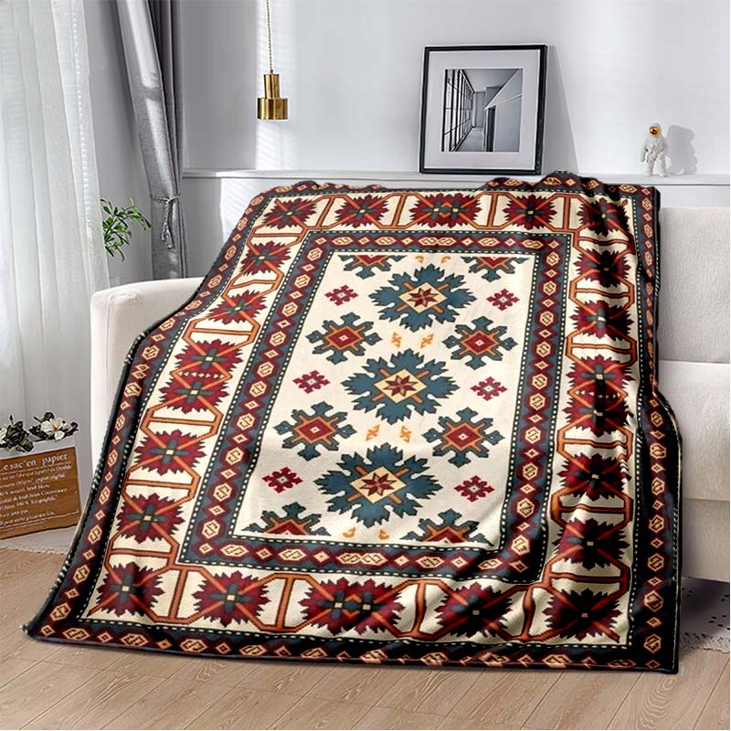 Vintage Kilim Tribal Geometric Print Flannel Blanket, Soft Cozy Throw for Bed Sofa, Ethnic Home Decor