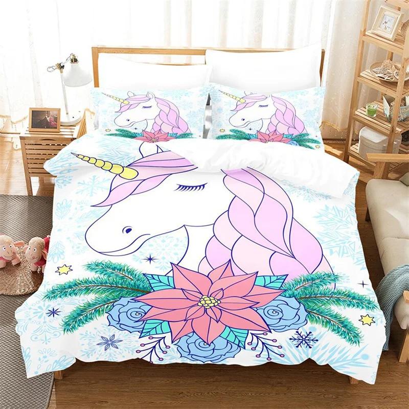 Comforter Girls Unicorn Full King Queen Size Microfiber Eyelashes Floral Comforter 3D Cartoon Bedding Set For Kids Teen