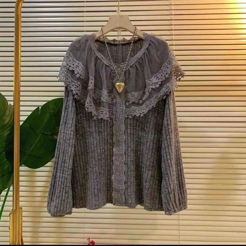 

Женская одежда оверсайз футболка с круглым вырезом пэчворк кружево длинный рукав повседневные футболки модные корейские футболки повседневные футболки топы XXXL серый