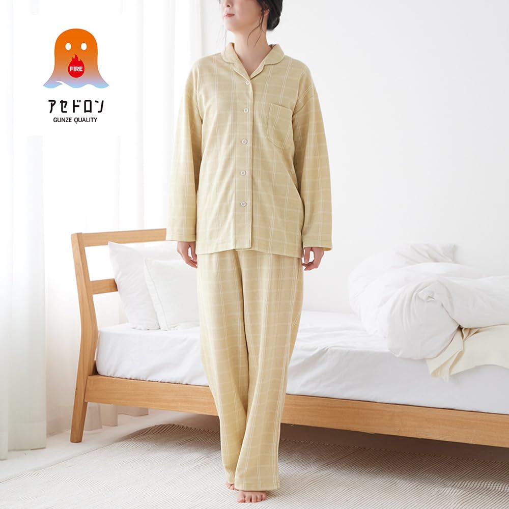 Gunze Fire Acedron Pajamas Elastic Holes At the Sleeves and Cardboard Navy Blue Women's Long-Sleeve (with Legs), Knit, (TG4615)