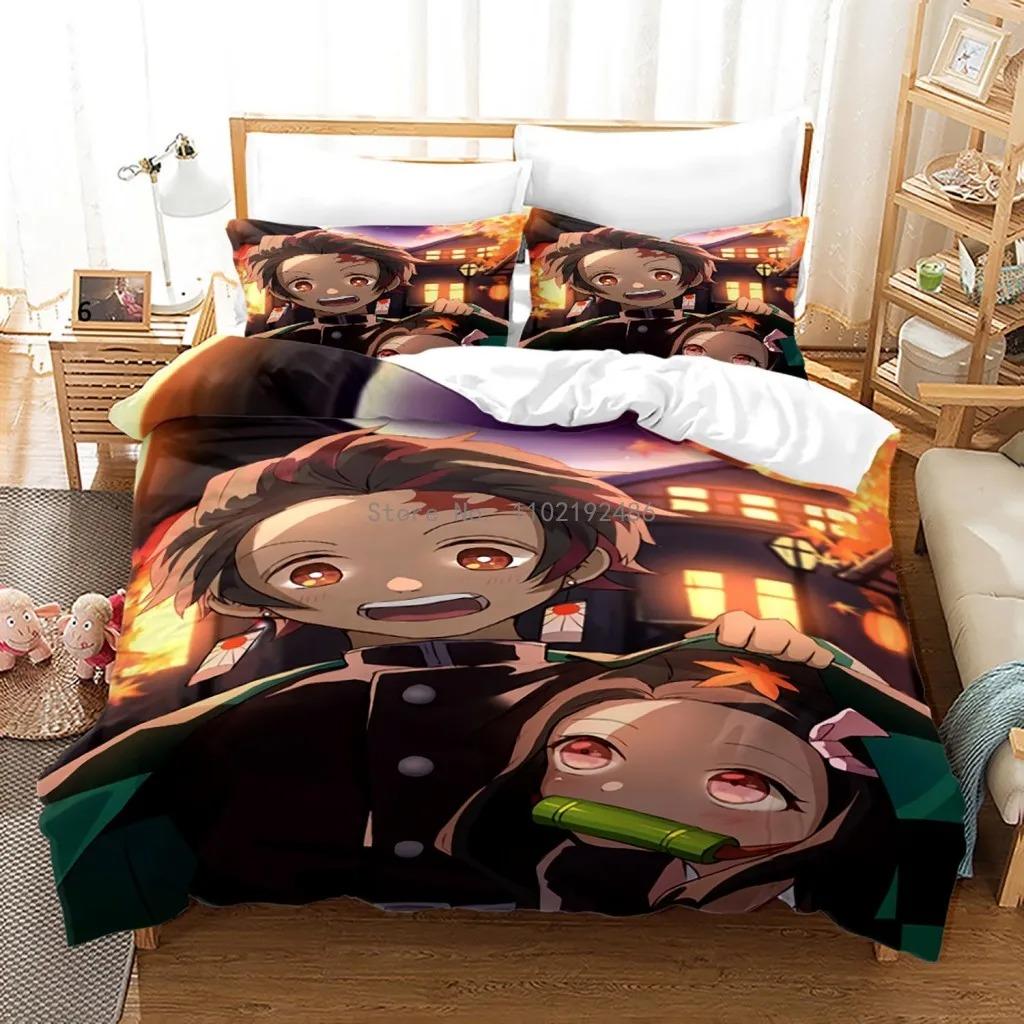 

Anime Bed Linen Kit For Girl Demon Slayer Cartoon Printed Design Duvet Quilt Cover Kit Full Queen Dimension Children Decorative Bedding Comforter Kit EU Single 135x200cm