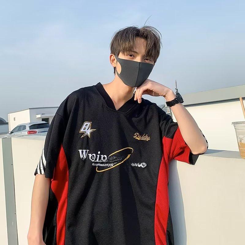 Men's V-Neck Motorcycle Style Embroidered Loose Hip-Hop Half-Sleeved Jersey