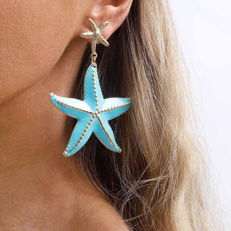 Exaggerated Drop Oil Starfish Pendant Earrings for Women Creative Metal Pentagram Earrings Beach Vacation Zircon Gifts