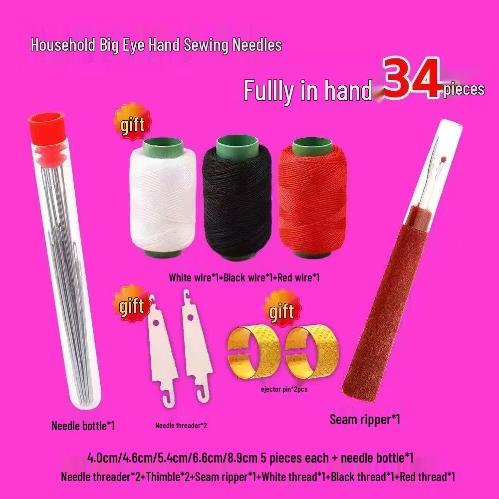 34-Piece Large-Eye Steel Needle Sewing Set for Seniors - Durable Household Needles & Thread Kit