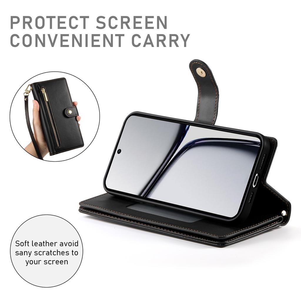 DF-011 For Realme C65 4G Case Zipper Pocket Wallet Leather Phone Cover with Straps