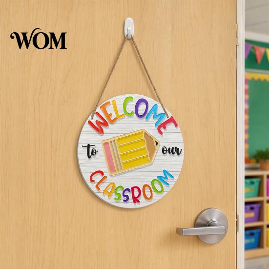 Farmhouse Classroom Sign Wooden Welcome for Door, to Our Round Smooth Surface Door Plaque Hanger, Front Hanging Sign, Back School Preschool Decoration