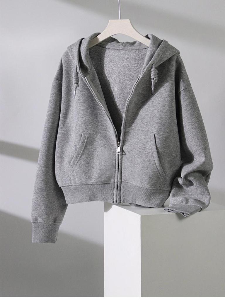 Women's Petite Gray Fleece-Lined Hooded Sweatshirt, Thickened, Short Jacket for Autumn and Winter