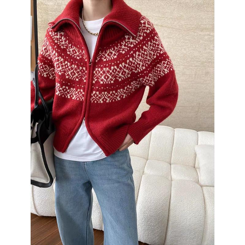 Korean Fashion Autumn Winter Zipper Cardigan Women Sweater Jacket Retro Printed Lapel Loose Knitted Coats Long Sleeve Office Fashion Elegant Clothing