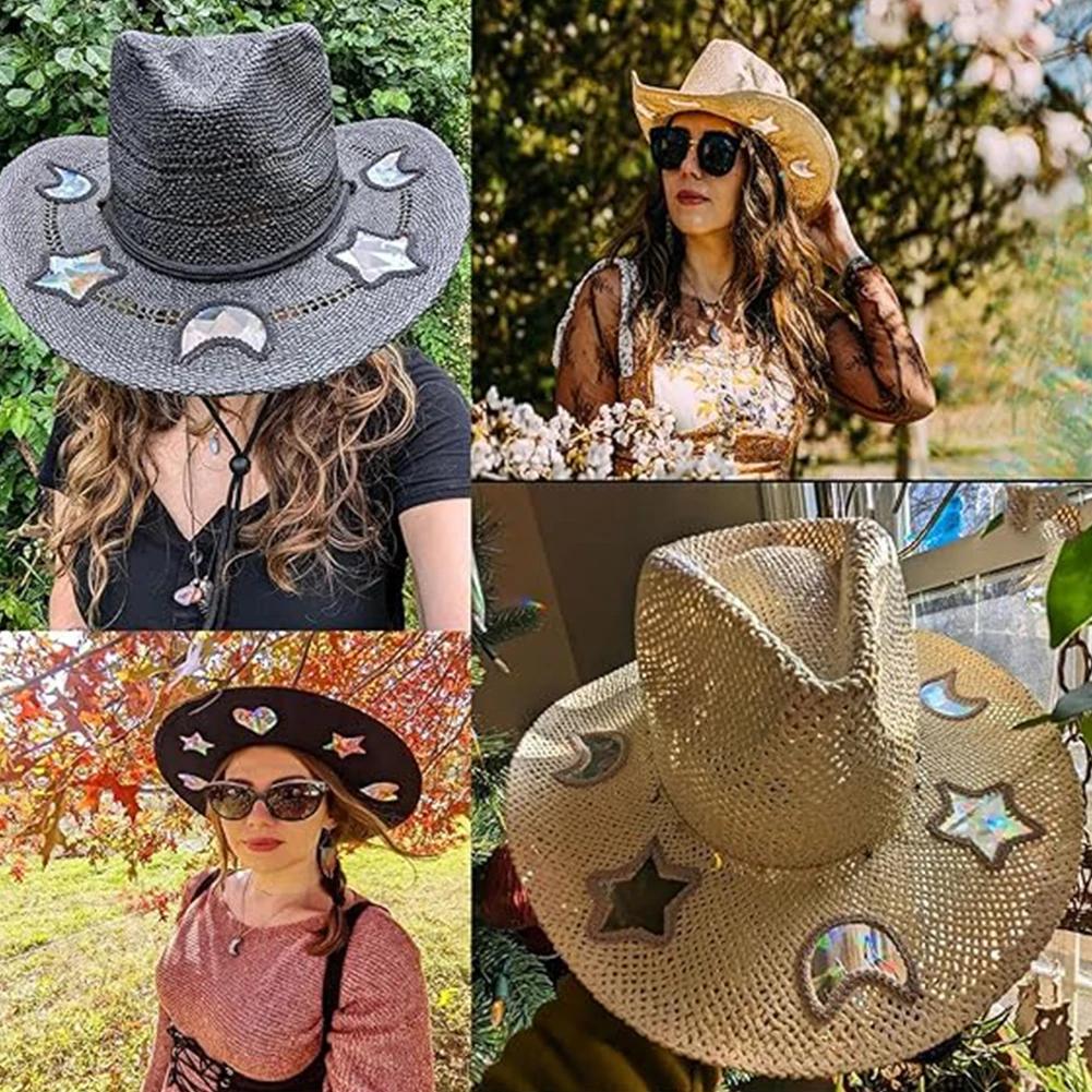 Suncatcher Cowgirl Straw Prism Hat Hand-Woven Wide Shapeable Brim Rainbow Prism Hat Sun Beach Western Cowboy hat for Women