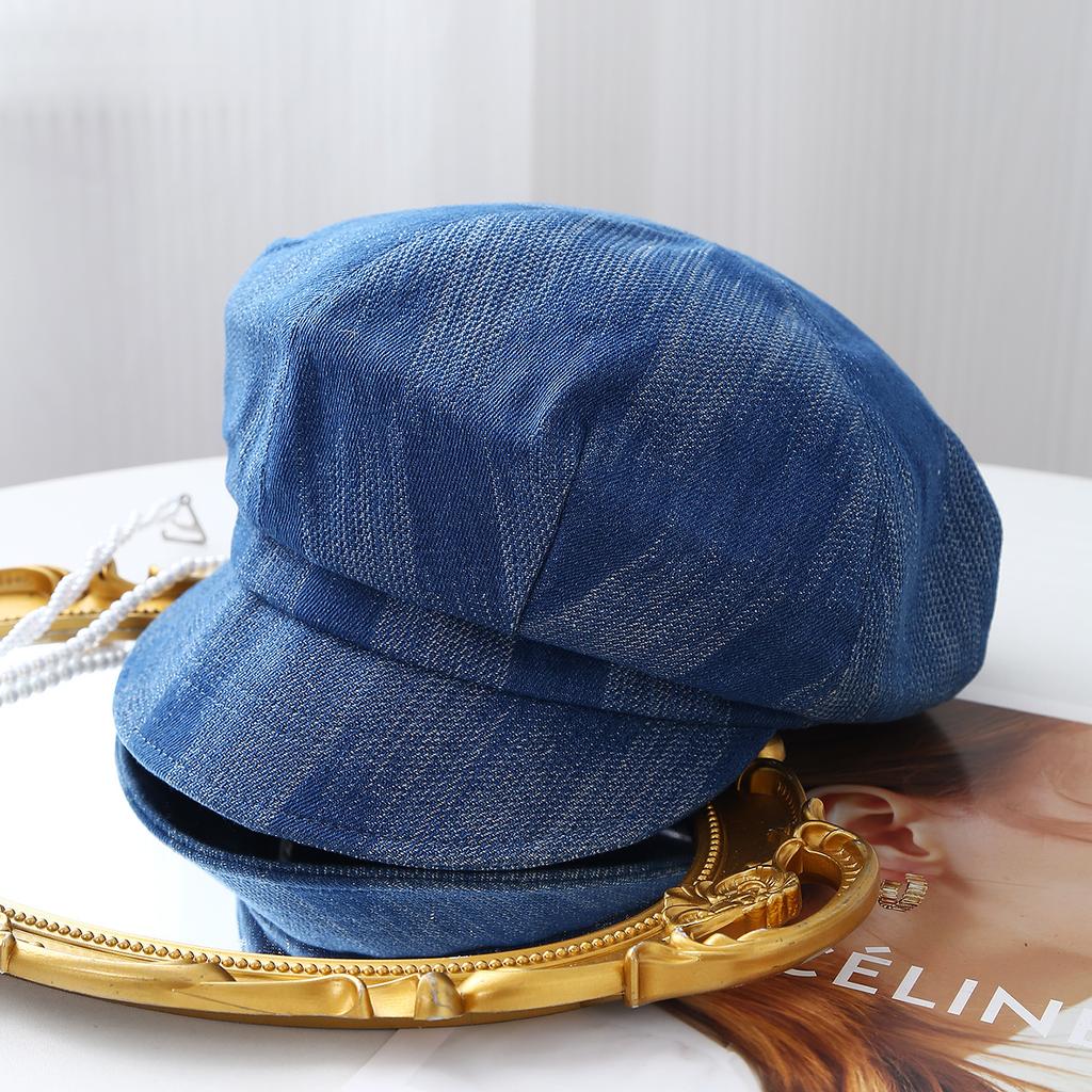New Make Old Denim Cap Women's Casual Short Brim Shade Octagonal Beret Retro Versatile Newsboy Hat