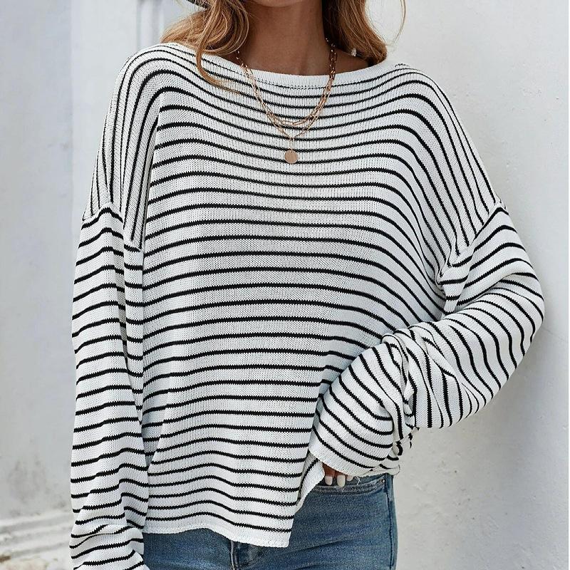Nuova maglia da donna a maniche lunghe primaverili e autunnali e girocollo in maglia con design a strisce, maglione ampio e sexy in maglia