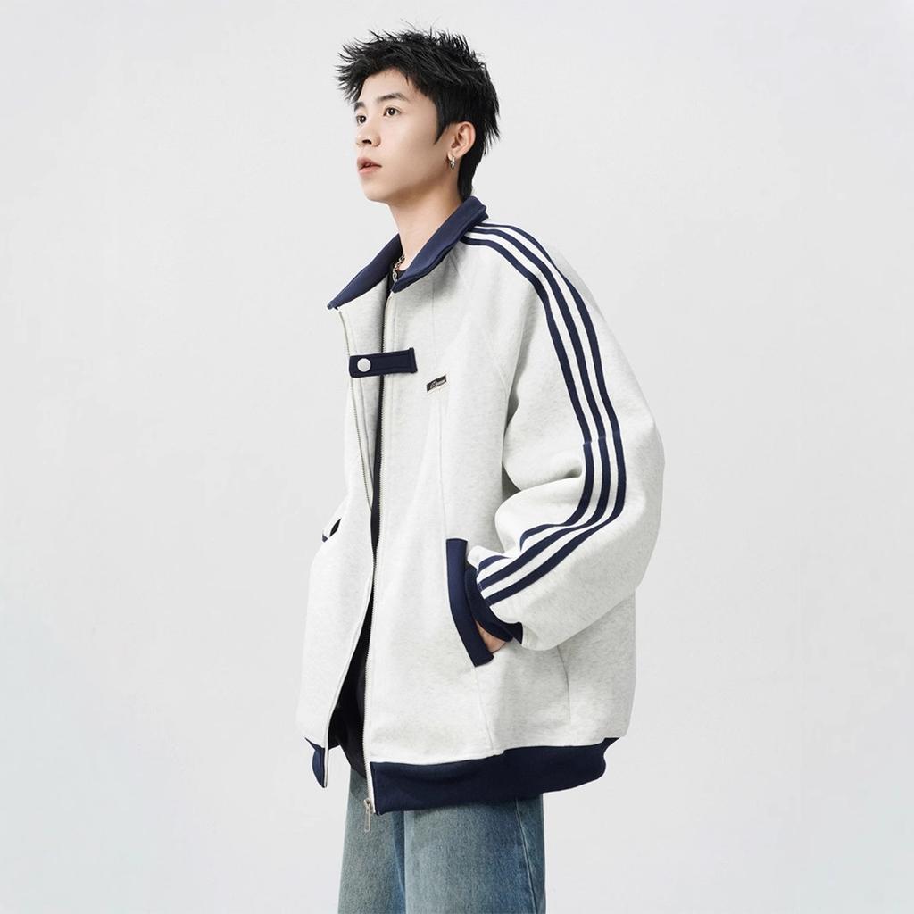 Striped Casual Cardigan Sweatshirt Men's Autumn and Winter New College Style Couple Versatile Sports Jacket Coat