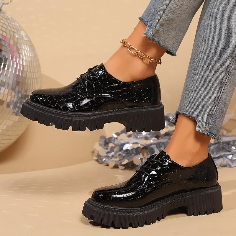Patent Leather Block Heels Autumn New Round Toe Lace-Up Soft Sole Non-Slip Wear-Resistant Loafers