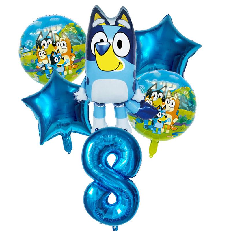 6 Stück Familie Bluey Aluminiumballon Cartoon Bingo Aktivität Spielzeug Blau Gold Stern Ballon Dekoration Sammlung Geburtsdatum Feier Babyparty Zubehör