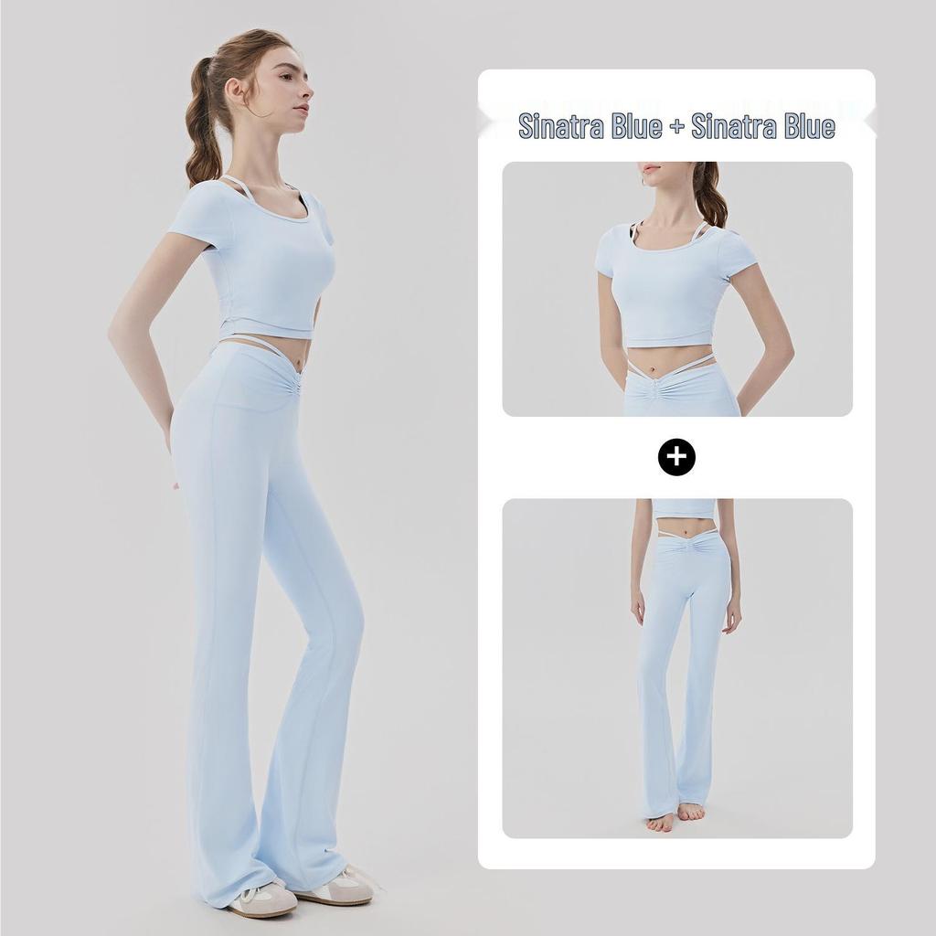 Women's Cooling Yoga Suit: Short Sleeve Top with Built-in Bra & Draping Tie-up Micro Flare Pants Set