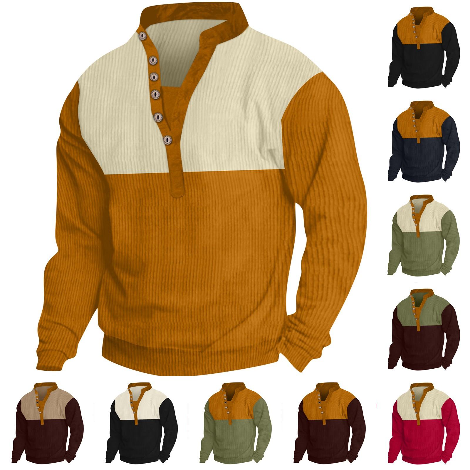 

Мужская свободная футболка с длинными рукавами и v-образным вырезом на пуговицах реглан в стиле пэчворк