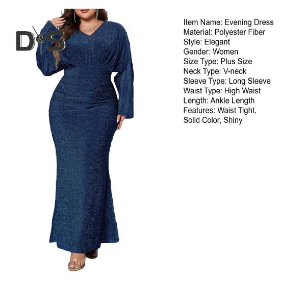 Abendkleid für Damen in Übergröße, V-Ausschnitt, lange Ärmel, hohe Taille, enges langes Kleid, einfarbig, glänzend, Fischschwanzkleid