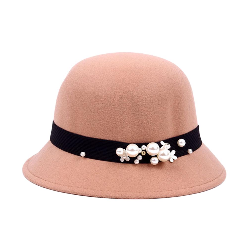 Vintage Women Domed Woollen Hat Adult Fashion Rivets Pearl Decoration Warm Lady Bucket Cap in Winter Autumn Outdoor
