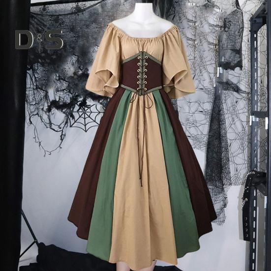 Women Halloween Dress Halloween Party Costume Flying Sleeve A-line Big Hem Contrast Color Patchwork Off Shoulder Pleated Tight Waist Medieval Vintage
