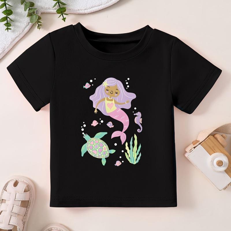 Kids Summer Crew Neck Short Sleeve T-Shirt with Cartoon Mermaid Print