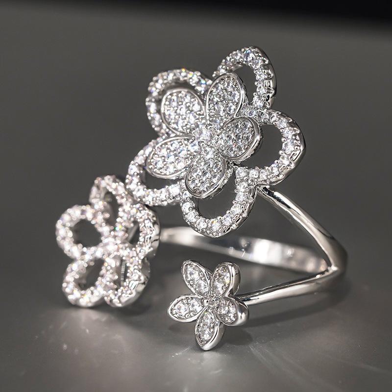 Floral shiny open ring female, three inlaid zircon lady accessories new lily ring