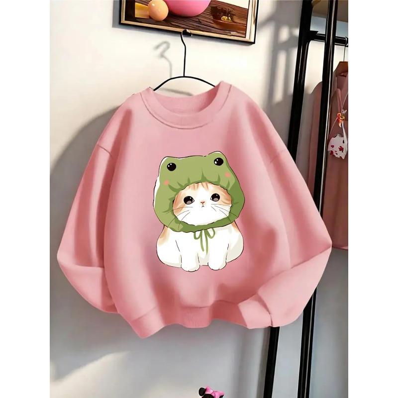 Crewneck Sweatshirt for Girls Featuring an Adorable Cat In a Frog Hat, Suitable for Machine Washing