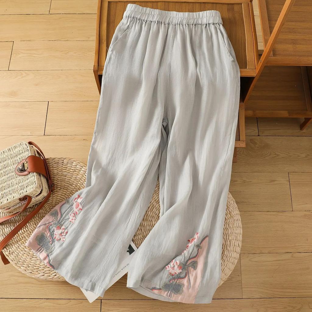 Loose Cotton Linen Pants with Embroidery for Women Summer Thin Slimming Casual Trousers Vintage Artistic Large Size Pants
