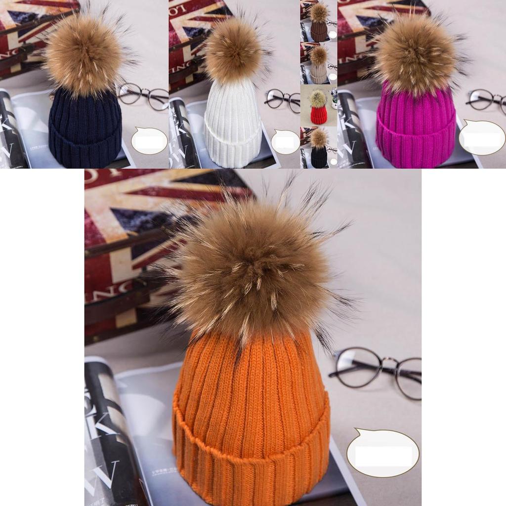 Real Winter New Raccoon Fur Hats Pom Pon Women Lady Knit Beanie Bobble Cap