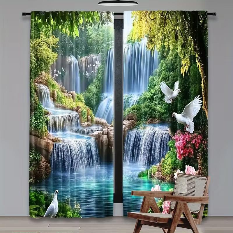2pcs Waterfall & Dove Scenic Patterned Curtains, Design for Living Room Bedroom Window Decoration, Rod Pocket Curtains