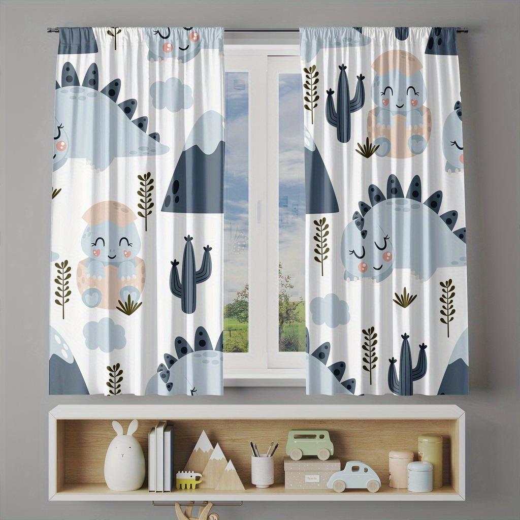 2pc Cartoon Dinosaur Print Curtains - Polyester Fabric for Bedroom   Living Room   and Kitchen - Machine Washable