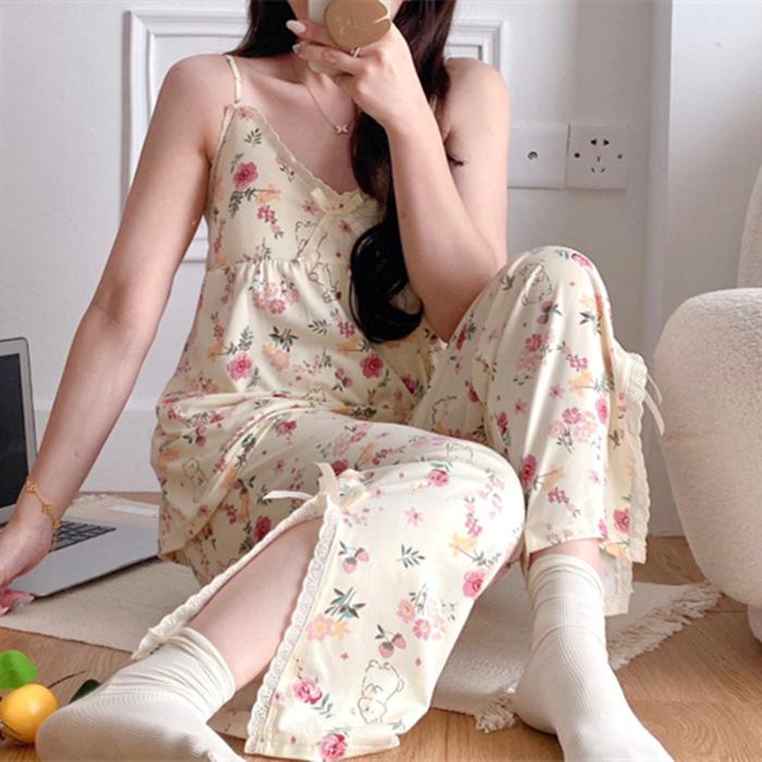 2023 Summer Women's Retro Floral Spaghetti Strap Long Pants Pajamas