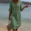 2026 European V-neck Cotton Linen Dress with Ruffle Sleeves and Big Button Design for Women - Spring/Summer Collection