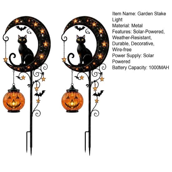 Spooky Bat Garden Decorations Halloween Solar Stake Light, Metal Black Cat & Pumpkin Moon Waterproof Illuminated Outdoor Decor for Lawn Patio