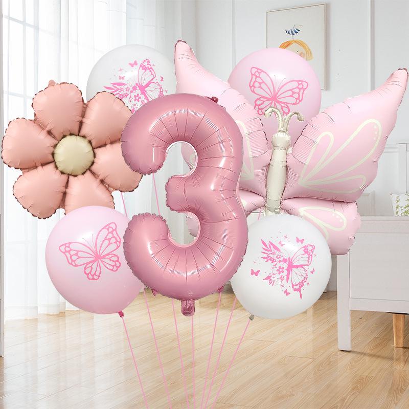 Růžový Motýl 32" Hliníková Sada Balónků pro Oslavu Narozenin a Baby Shower