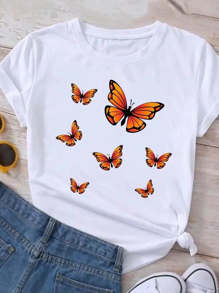 Graphic T Shirt Sunflower Butterfly Cute Summer Casual Clothing Short Sleeve Women Print Fashion Clothes Tee T-shirt FeUnisex Top