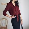 Camisa de verano para mujer, cuello en V, cuello con cordones, manga larga, jersey, tops de color liso, corte holgado, tops de oficina para mujer, ropa de trabajo