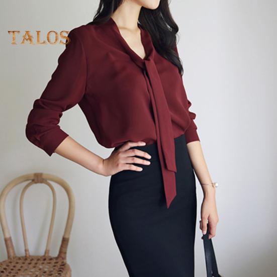 Camisa de verano para mujer, cuello en V, cuello con cordones, manga larga, jersey, tops de color liso, corte holgado, tops de oficina para mujer, ropa de trabajo