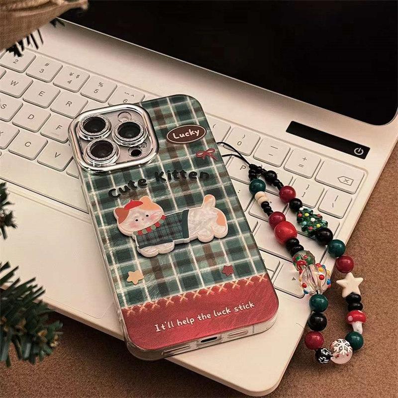 

Чехол с блестящей пленкой для линз в рождественскую клетку с изображением щенка и котенка для iPhone 16 Pro Max 15 14 Plus 13 12 Pro 11, всеобъемлющий осенний чехол с рождественской цепочкой iPhone 14 Pro