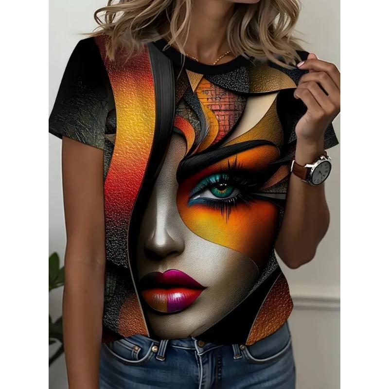 

Fashion Women s Clothing Grotesque Expression Short Sleeve 3D Facial Features Short Sleeve Crew Neck T-shirt XS