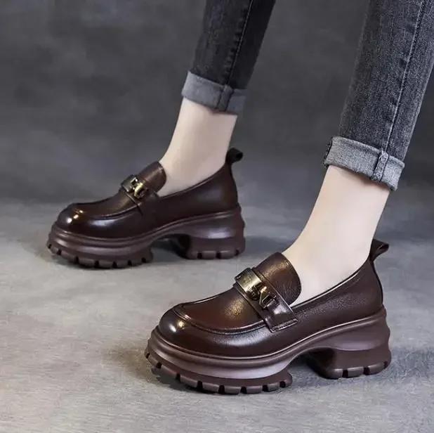 6CM Genuine Cow Leather Loafers Women 2024 Autumn New Design Pumps Round Toe Metal Thick High Heel Chunky Platform Shoes