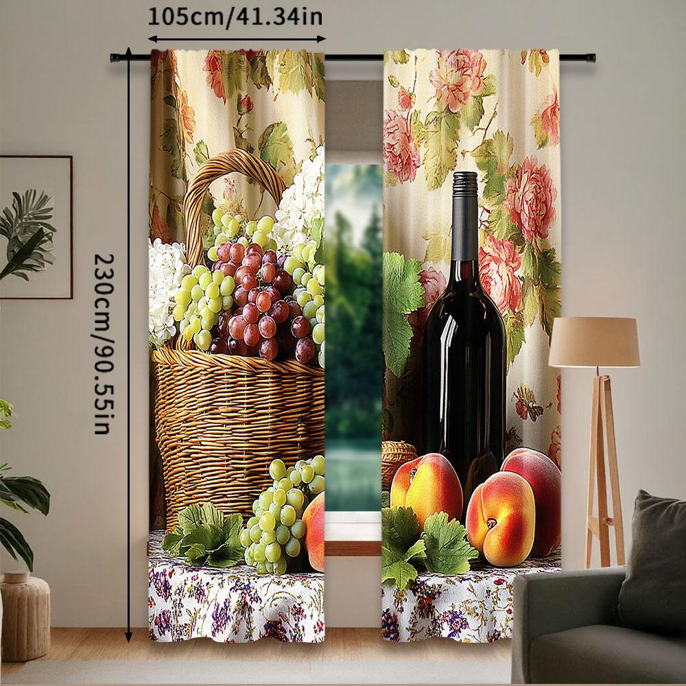 2Pcs Farmhouse Kitchen Curtains Vintage Grapes Fruits Oil Painting Rustic Flower Wine Art Printed Retro Country Living Room