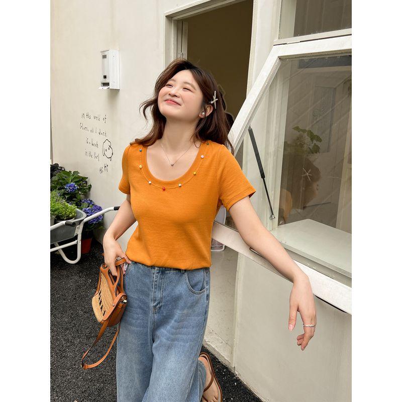 DM100 Plus Size Women's Clothing Summer Slightly Oversized Girls Shoulder Slim Looking Loose Slim Fit U Collar Short Sleeve Dopamine T-shirt