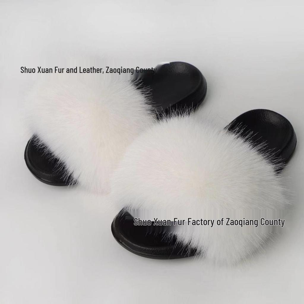 Women's Summer Fox Fur Slippers: Celebrity Trend, Flat Fur Sandals, Soft-Soled Flip Flops, Euro-American Style.